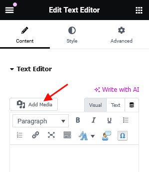 The Elementor Text Editor widget's settings with an 'Add Media' button