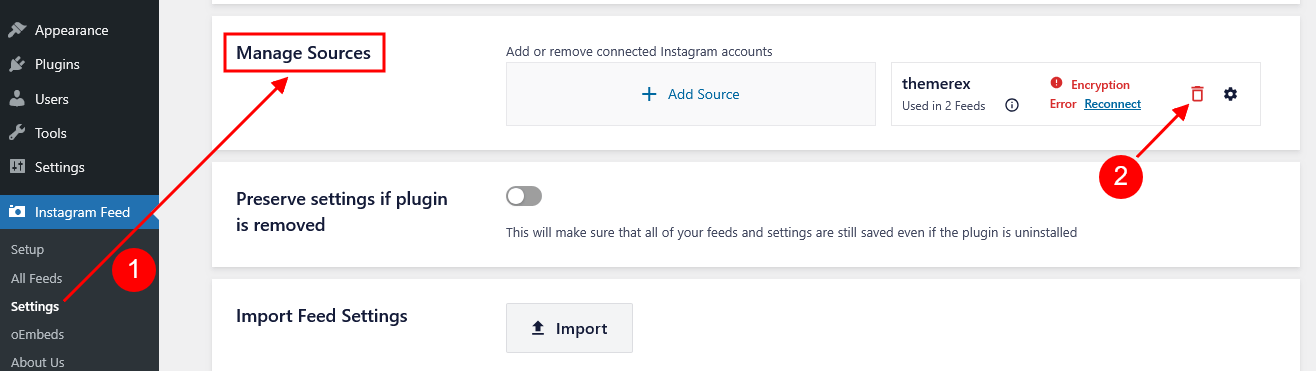 The Manage Sources group of Instagram Feed settings
