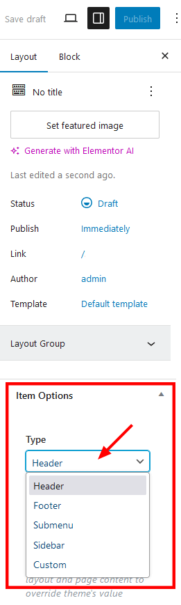 The 'Item Options' section in the right settings panel on a single layout