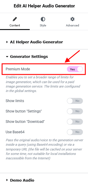 The 'Premium mode' option in the 'AI Helper Audio Generator' widget's settings