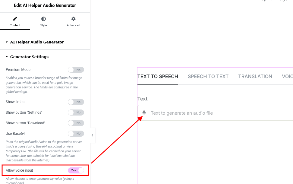 The 'Allow voice input' option to enable a microphone icon in the form field