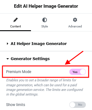 The 'Premium mode' option in the 'AI Helper Image Generator' widget's settings