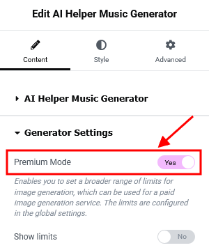 The 'Premium mode' option in the 'AI Helper Music Generator' widget's settings