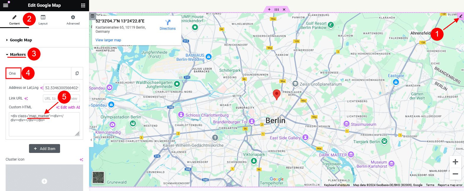 The google map marker settings with a custom class