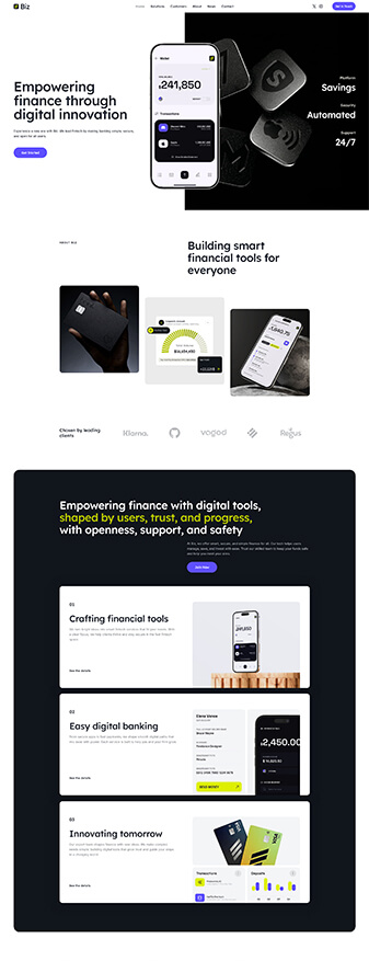 The front-end view of the 'Fintech' skin, the main homepage