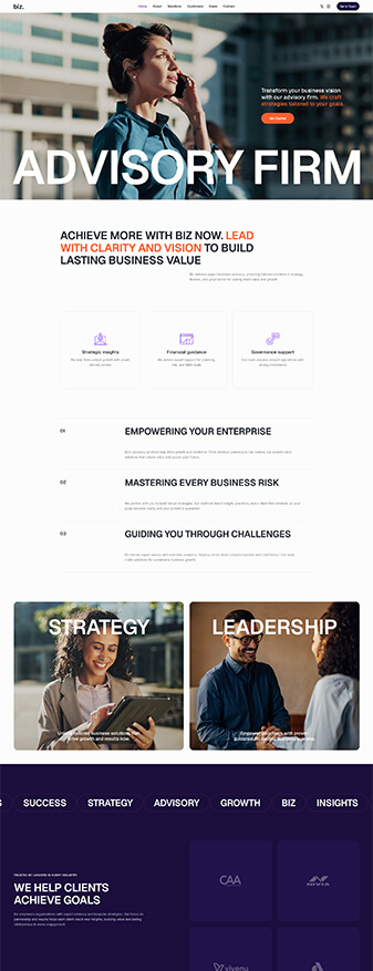 The main homepage of the 'Advisory Firm' skin