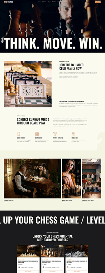 The front-end view of the 'Chess Club' skin, the main homepage