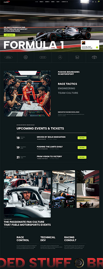 The front-end view of the 'Formula 1' skin, the main homepage