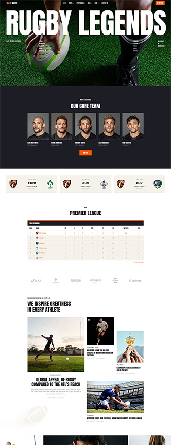The main homepage of the 'Rugby' skin