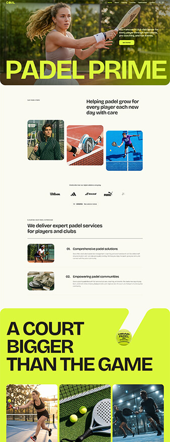 The front-end view of the 'Padel' skin, the main homepage