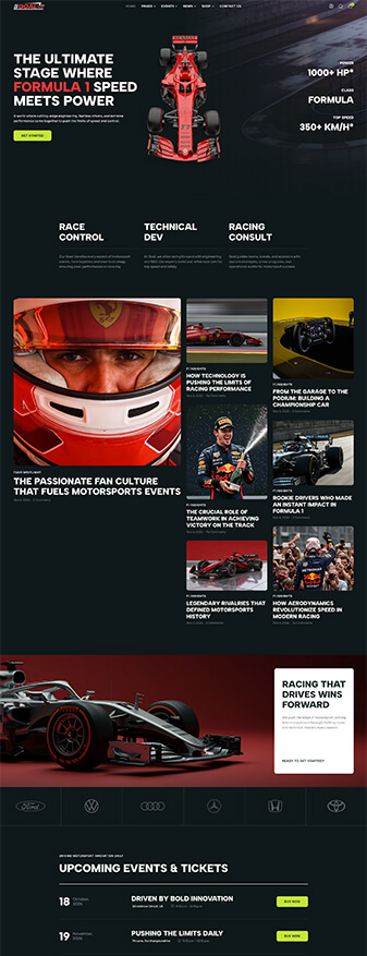 The front-end view of the 'Formula 1' skin, the main homepage