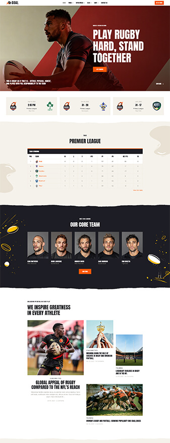 The main homepage of the 'Rugby' skin