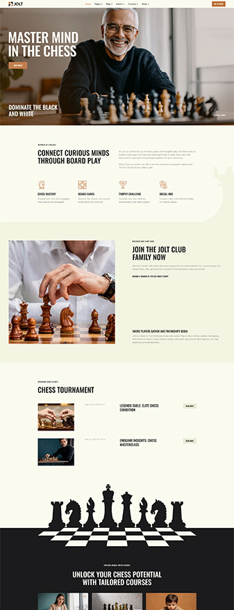 The front-end view of the 'Chess Club' skin, the main homepage