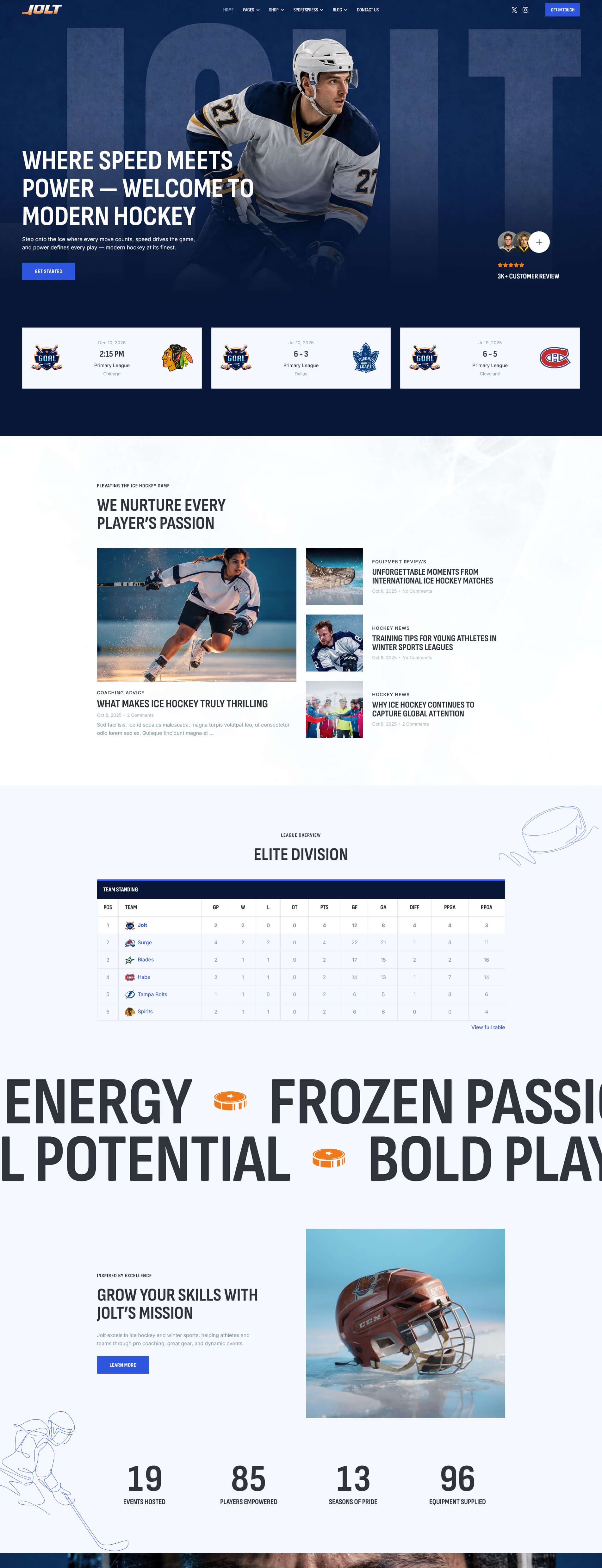 The main homepage of the 'Hockey' skin