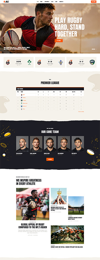 The main homepage of the 'Rugby' skin